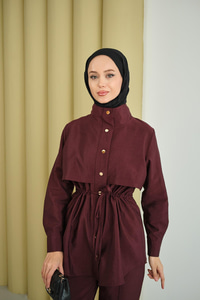 Parça Detaylı Beli Tünelli Takım Mürdüm