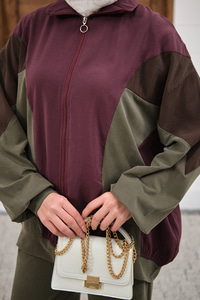 Parça Renk Detay Fermuarlı İkili Takım Mürdüm