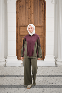 Parça Renk Detay Fermuarlı İkili Takım Mürdüm