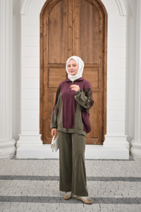 Parça Renk Detay Fermuarlı İkili Takım Mürdüm