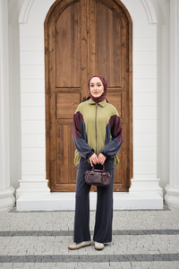 Parça Renk Detay Fermuarlı İkili Takım Yağ Yeşil