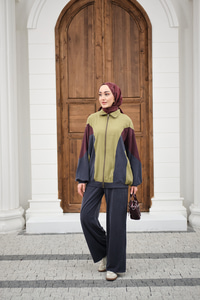 Parça Renk Detay Fermuarlı İkili Takım Yağ Yeşil