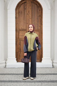 Parça Renk Detay Fermuarlı İkili Takım Yağ Yeşil