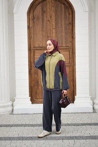 Parça Renk Detay Fermuarlı İkili Takım Yağ Yeşil