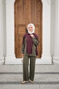 Parça Renk Detay Fermuarlı İkili Takım Mürdüm