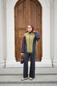 Parça Renk Detay Fermuarlı İkili Takım Yağ Yeşil