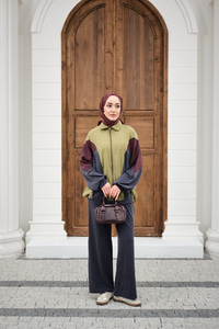 Parça Renk Detay Fermuarlı İkili Takım Yağ Yeşil