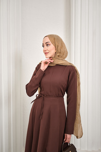 Parçalı Bel Bağlamalı Elbise Kahverengi