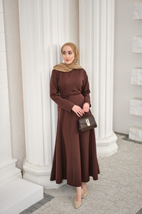 Parçalı Bel Bağlamalı Elbise Kahverengi