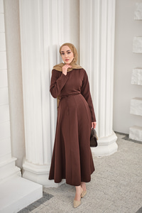 Parçalı Bel Bağlamalı Elbise Kahverengi