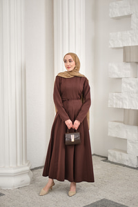 Parçalı Bel Bağlamalı Elbise Kahverengi