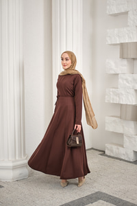 Parçalı Bel Bağlamalı Elbise Kahverengi