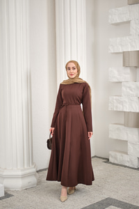 Parçalı Bel Bağlamalı Elbise Kahverengi