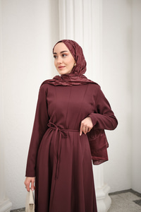 Parçalı Bel Bağlamalı Elbise Mürdüm