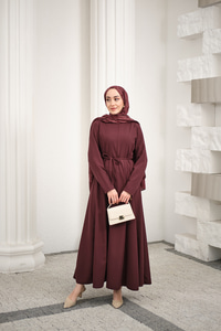 Parçalı Bel Bağlamalı Elbise Mürdüm