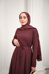 Parçalı Bel Bağlamalı Elbise Mürdüm