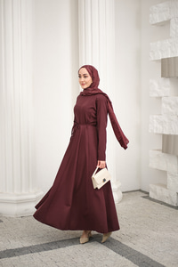 Parçalı Bel Bağlamalı Elbise Mürdüm