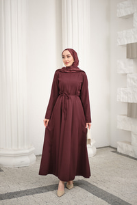 Parçalı Bel Bağlamalı Elbise Mürdüm