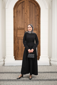 Parçalı Bel Bağlamalı Elbise Siyah