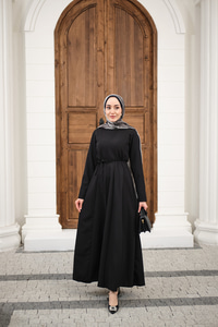 Parçalı Bel Bağlamalı Elbise Siyah