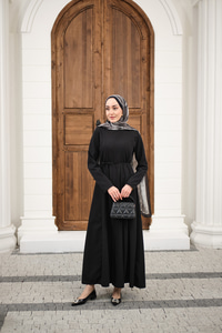 Parçalı Bel Bağlamalı Elbise Siyah