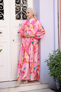 Pastel Çicek Desen Elbise  Pembe