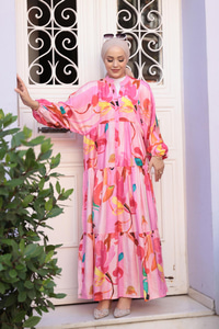 Pastel Çicek Desen Elbise  Pembe