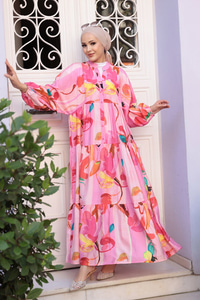 Pastel Çicek Desen Elbise  Pembe