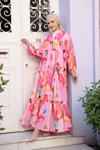 Pastel Çicek Desen Elbise  Pembe