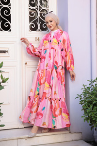 Pastel Çicek Desen Elbise  Pembe