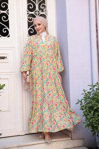 Pastel Çicek Desen Elbise Yeşil