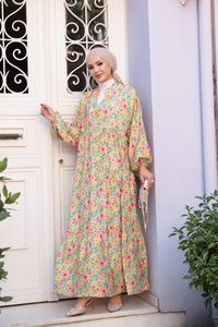 Pastel Çicek Desen Elbise Yeşil