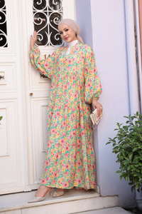 Pastel Çicek Desen Elbise Yeşil