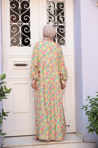 Pastel Çicek Desen Elbise Yeşil