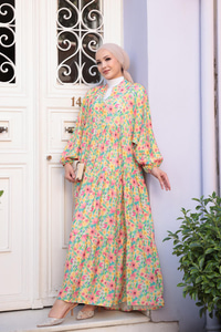 Pastel Çicek Desen Elbise Yeşil