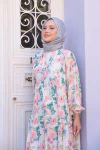 Pastel Çicek Desenli Elbise Pudra