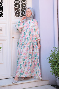 Pastel Çicek Desenli Elbise Pudra
