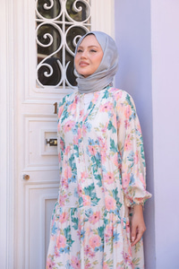 Pastel Çicek Desenli Elbise Pudra