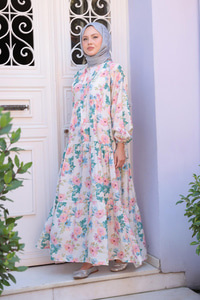 Pastel Çicek Desenli Elbise Pudra