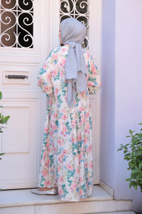 Pastel Çicek Desenli Elbise Pudra