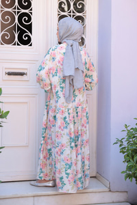 Pastel Çicek Desenli Elbise Pudra