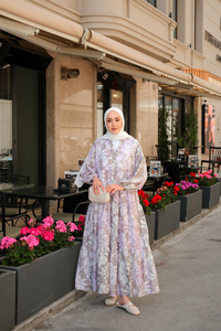 Pastel Çicekli Elbise Lila