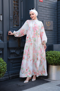 Pastel Desenli Elbise Pudra