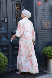 Pastel Desenli Elbise Pudra