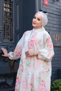 Pastel Desenli Elbise Pudra