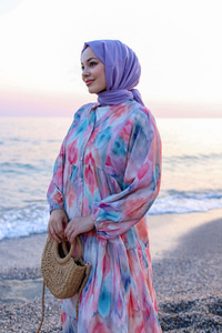 Pastel Esinti Desenli Elbise Somon