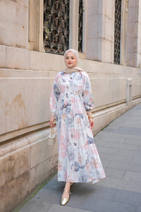 Pastel Gül Desenli Elbise Gri