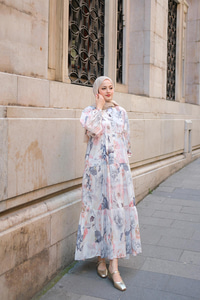 Pastel Gül Desenli Elbise Gri