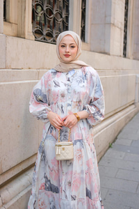 Pastel Gül Desenli Elbise Gri