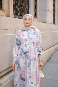 Pastel Gül Desenli Elbise Gri